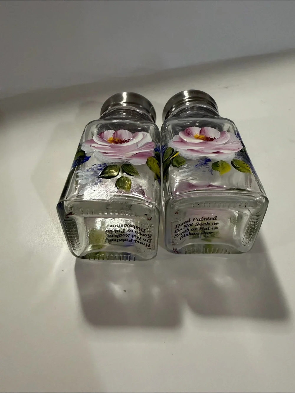 Decorative Pink Floral Glass Salt and Pepper Shakers with Silver Tops